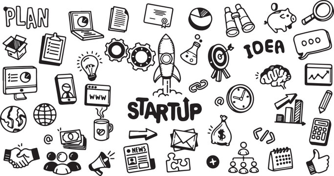  Startup and Business Doodle Icons – Entrepreneur Tools, Strategy, Planning Vector Elements