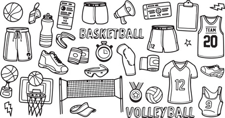 Basketball Sports Doodle Pack – Equipment, Court, Ball, Clothing, Sketch Vector Elements