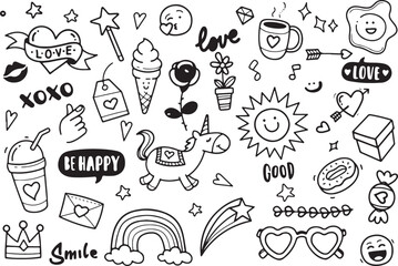 Celebration and Happiness Doodle Icons – Balloons, Party, Star, Happy Faces Vector Art