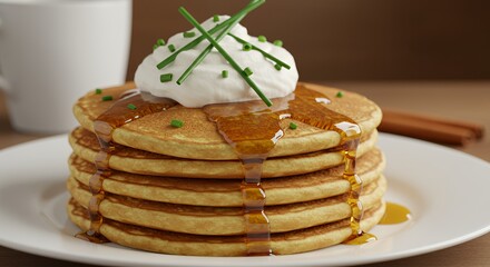 Golden Stack of Buttery Pancakes Drizzled with Maple Syrup and Topped with Creamy Whipped Cream and Fresh Chives, a Delightful Breakfast Treat.