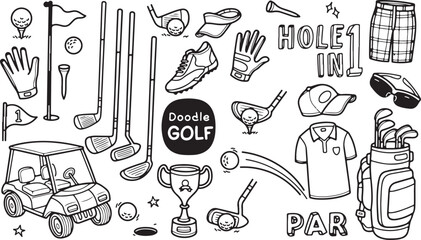 Golf Sport Doodle Icons – Golf Club, Tee, Ball, Course Equipment Sketch Vector