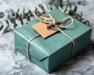 Elegant green gift box with natural kraft tag and fresh greenery on a subtle grey background