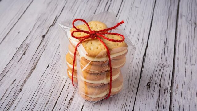 Cookies in semi transparent wrapper with red twine on white wooden surface