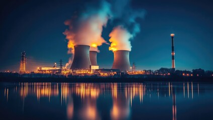 Night view of a power plant by a river