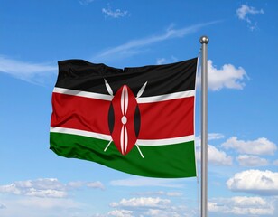 flag of kenya Kenyan Flag with Maasai Shield Waving Under a Bright Blue Sky