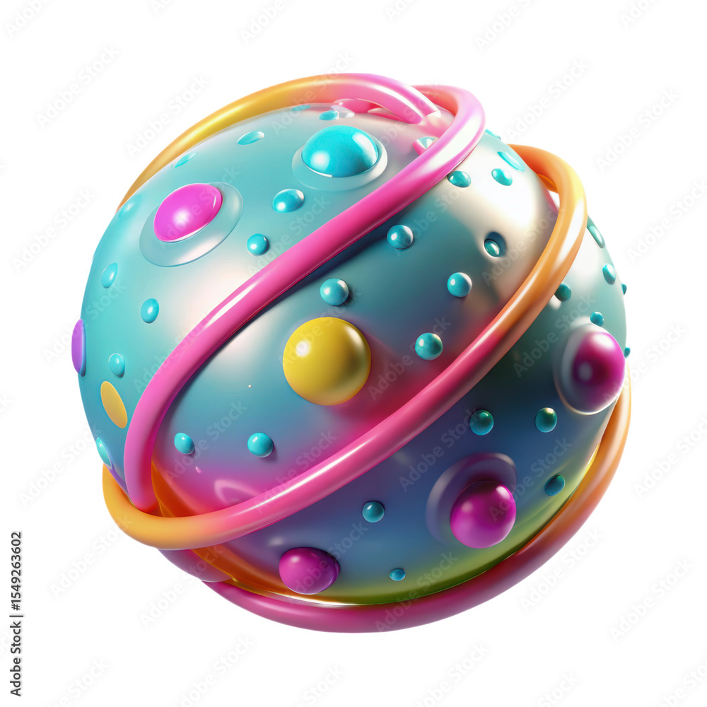 Poster 3d rendering of colorful planet with rings and bumps plastic style icon isolated on background decor