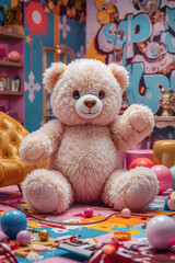 Fluffy pink teddy bear sitting on a colorful playmat surrounded by toys, balloons, and vibrant decor in a playful room with graffiti walls, exuding warmth and childhood joy.