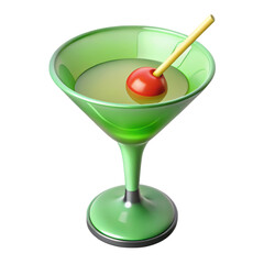 3d rendering of green martini glass with cherry on background plastic style icon