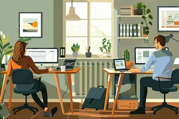 Vibrant Image of Illustration of People Working From Home Offices