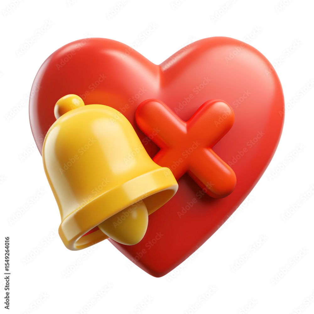 Poster 3d rendering of red heart shape with notification bell and cancel sign plasticstyle icon isolated on