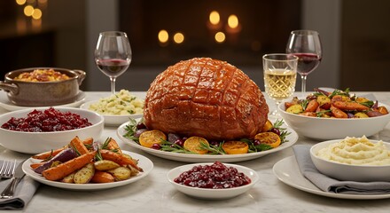 Gather 'round the table for a heartwarming holiday feast featuring a glistening glazed ham, surrounded by an array of delicious side dishes and celebratory drinks.