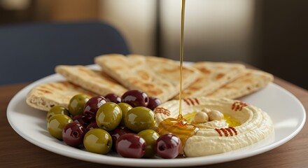 Golden honey streams onto creamy hummus, a Mediterranean feast alongside olives and pita bread, a culinary delight captured in exquisite detail.