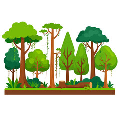 A vibrant forest scene with various trees undergrowth and a fallen log set against a white backdrop