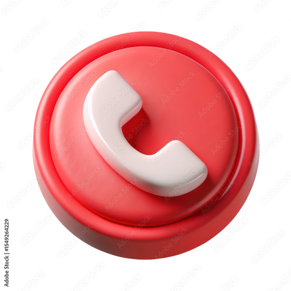 Poster 3d rendering of white plastic telephone receiver icon on red circular button isolated on background