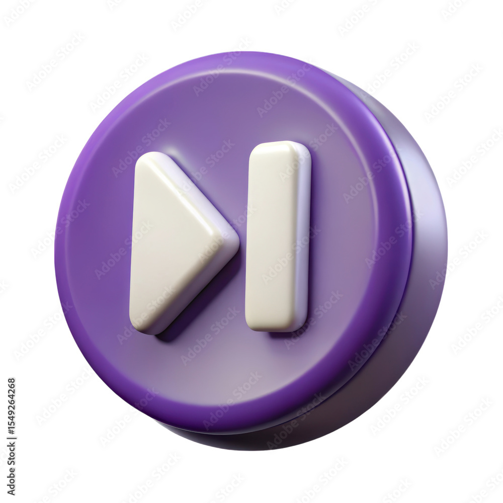 Poster 3d rendering pause button plastic style purple and white icon isolated on background