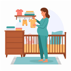 Pregnant woman organizing baby clothes next to a crib in a nursery