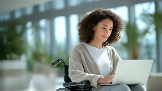 A determined woman using a computer in a wheelchair at a desk