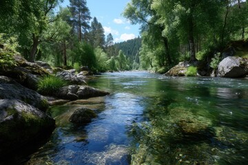 Fototapeta premium Crystal clear river flows through lush green forest under bright blue sky in daylight