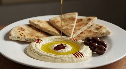 Golden olive oil drizzles onto creamy hummus, perfectly complementing warm pita bread and glistening Kalamata olives, a Mediterranean feast ready to savor.