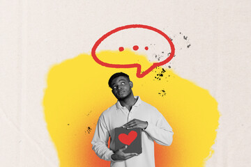 Trend template sketch design photo collage of young man think hand hold box like heart speech cloud...