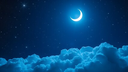Ultra-realistic enchanted night sky in deep glowing blues, with shimmering stars, an icy white crescent moon, and glowing cumulus clouds &mdash; perfect for magical, serene fantasy backgrounds.