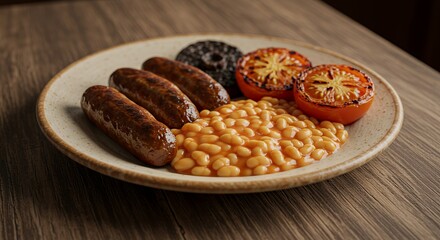 Savory Full English Breakfast: Three Succulent Sausages, Baked Beans, Grilled Tomatoes, and Black Pudding on a Rustic Plate.