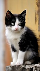 Kitty with monochrome wall behind her animal mammal kitten.