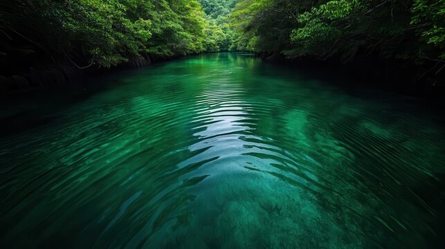 A breathtaking view of a tranquil green river meandering through thick foliage, showcasing the beauty of nature and evoking a sense of peace and harmony.