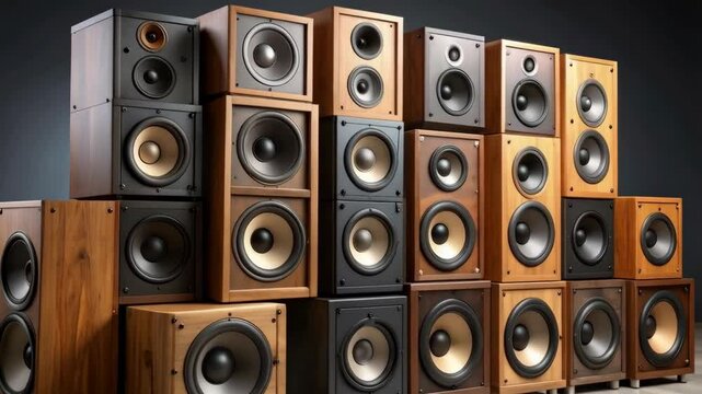Pyramid stack of various wooden finish audio speakers with black or beige colored cone shape elements and small metal feet, speaker pyramid