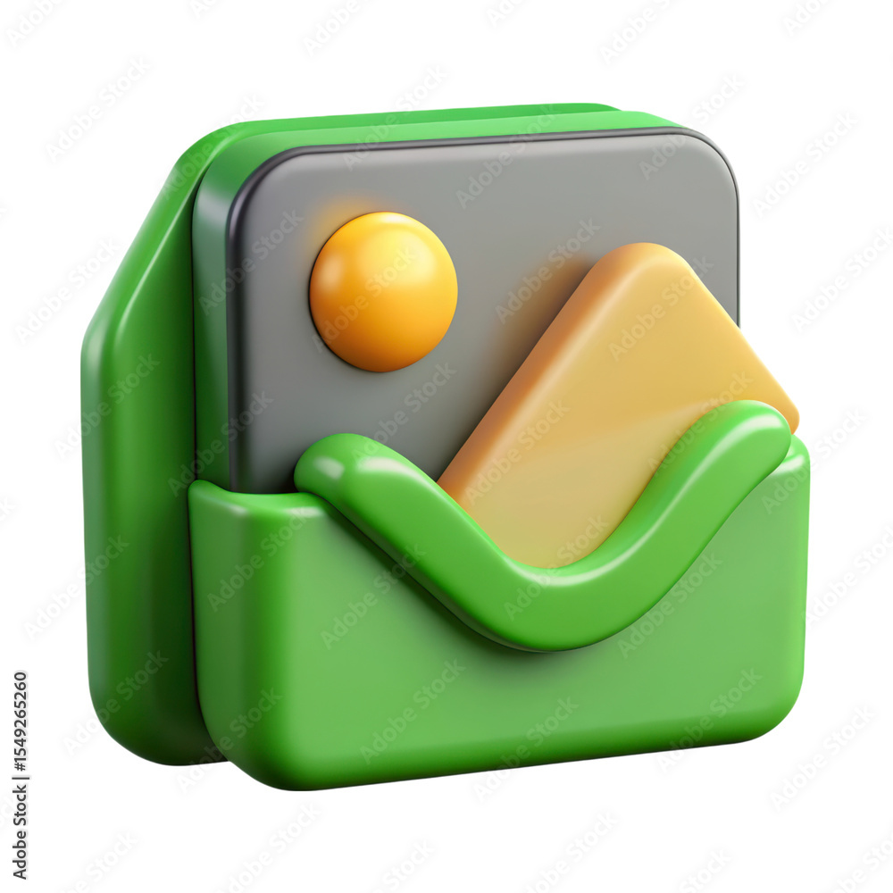 Poster 3d rendering plasticstyle icon isolated on white background displaying a picture with a yellow circl