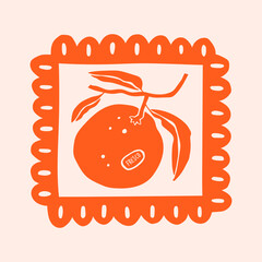 Orange fruit stamp, hand drawn Amalfi coast summer doodle print. Beach, marine and Mediterranean vibes. Retro postcard clipart in coastal naive minimal design. Perfect for travel, fashion, and decor.