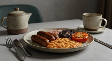 Indulge in a hearty full English breakfast, complete with succulent sausages, baked beans, and grilled tomato, served on a rustic plate alongside a steaming cup of tea.