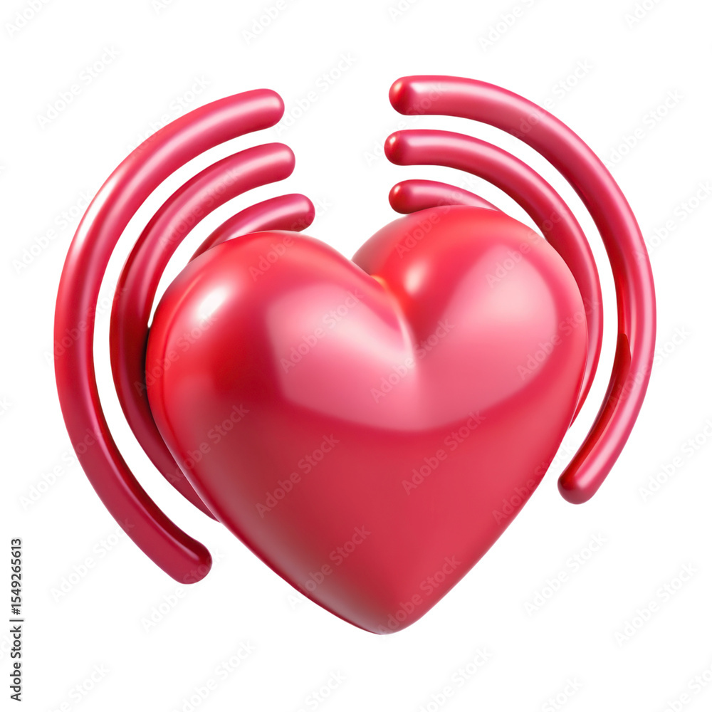 Poster 3d rendering plasticstyle icon of a pink heart shape with wavy signals isolated on white background 