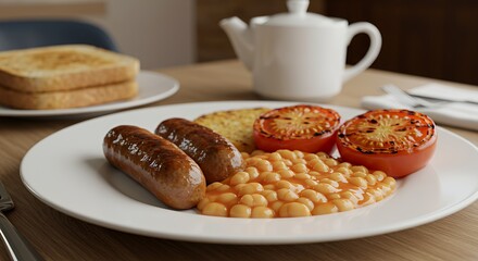 Indulge in a hearty full English breakfast featuring succulent sausages, baked beans, grilled tomatoes, and crispy toast, perfectly presented for a delightful morning meal.