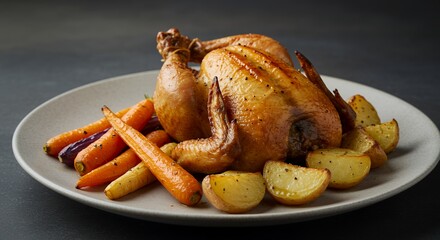 Golden-brown roasted chicken, perfectly seasoned and glistening, sits majestically on a plate surrounded by roasted carrots and potatoes, a delicious and comforting feast.