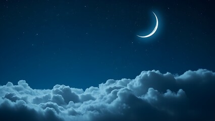 Ultra-realistic enchanted night sky in deep glowing blues, with shimmering stars, an icy white crescent moon, and glowing cumulus clouds &mdash; perfect for magical, serene fantasy backgrounds.