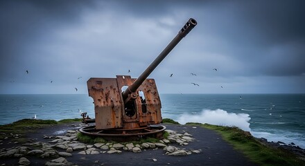 Coastal Defense Relic: Rusty Gun Battery on Cliff Edge