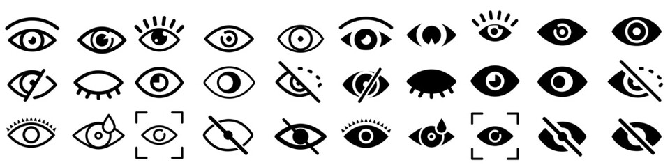 Eye vector icons. Human eyes, vision and view illustration signs. Eye icon. Visible, sleep and medicine supervision observe, lens or cry symbols set.