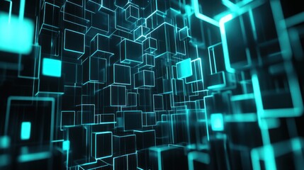 Abstract digital art; glowing teal lines and cubes