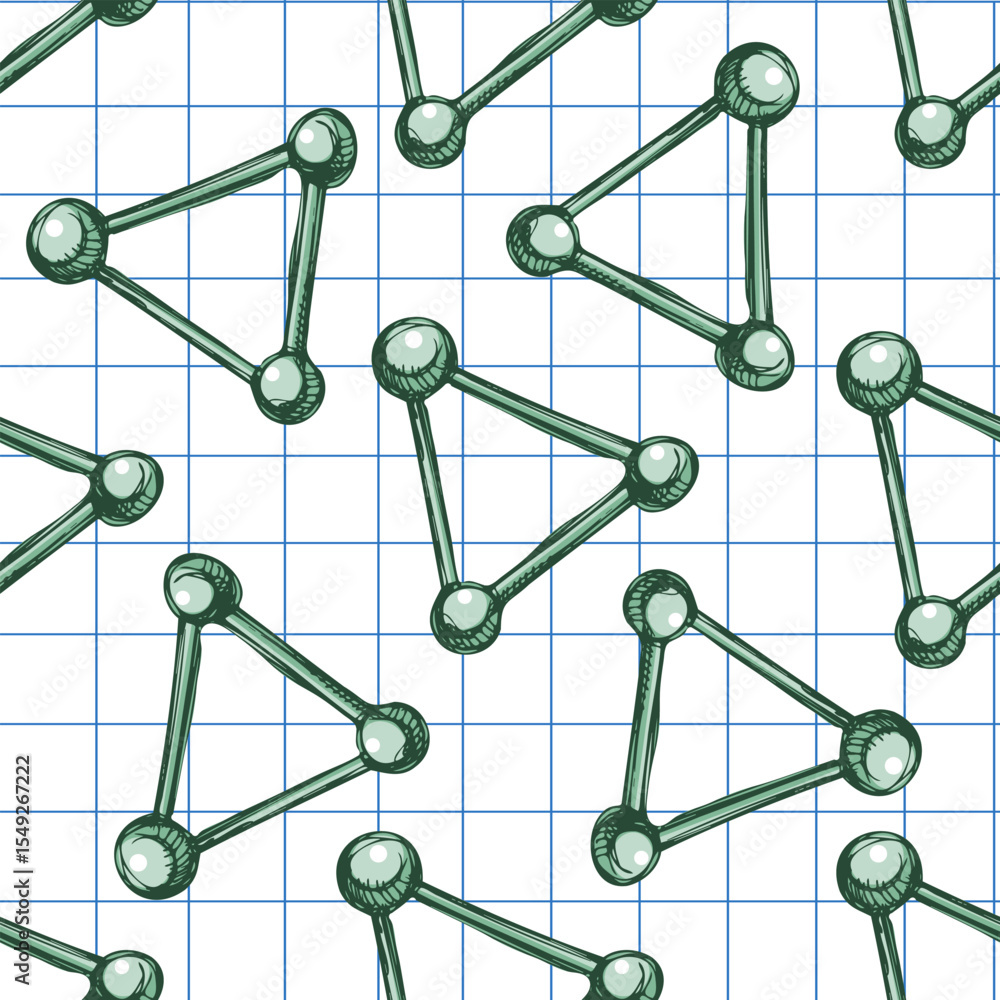 Poster hand drawn vintage seamless pattern of molecule structure on grid notebook background in green paste