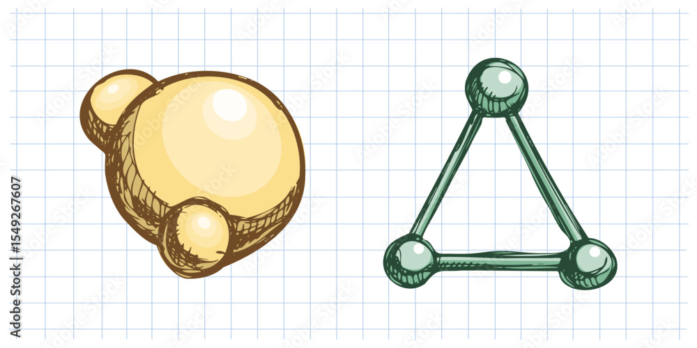 Poster hand drawn vintage sketch of molecular model and atom structure in color on grid notebook background