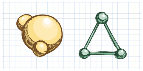 Hand drawn vintage sketch of molecular model and atom structure in color on grid notebook background