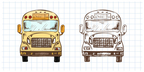 Hand drawn vintage sketch of yellow school bus with monochrome version on grid notebook background