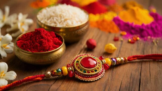 Traditional rakhi with roli, rice, and colorful powders on wooden surface, Raksha Bandhan ritual setup