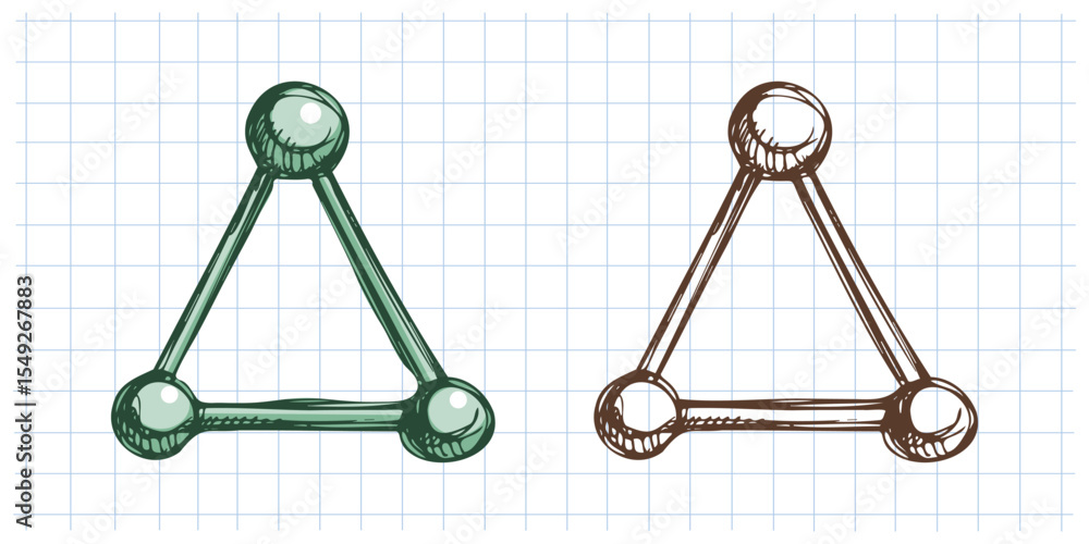 Poster hand drawn vintage sketch of triangle molecular model in green color and monochrome version on noteb
