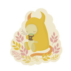 A friendly character monster spends time drinking a mug of hot tea, or coffee. Cozy autumn picnic in the park or in nature among plants and fallen leaves. Cute sticker, print illustration.