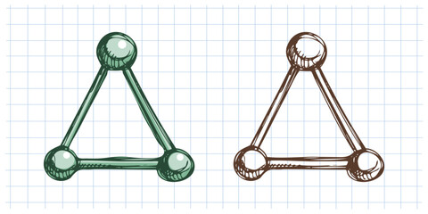 Hand drawn vintage sketch of triangle molecular model in green color and monochrome version on notebook background