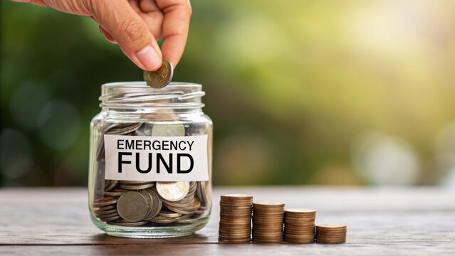 Inflation ,interest rates and global economy. Hand placing coin emergency fund jar, saving money, financial planning, outdoor background