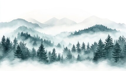 Misty mountain range with dense evergreen forest