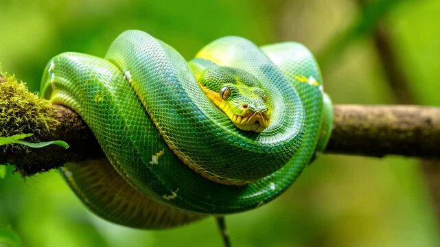 Green tree python coiled on mossy branch in tropical rainforest, wildlife magazine, conservation poster